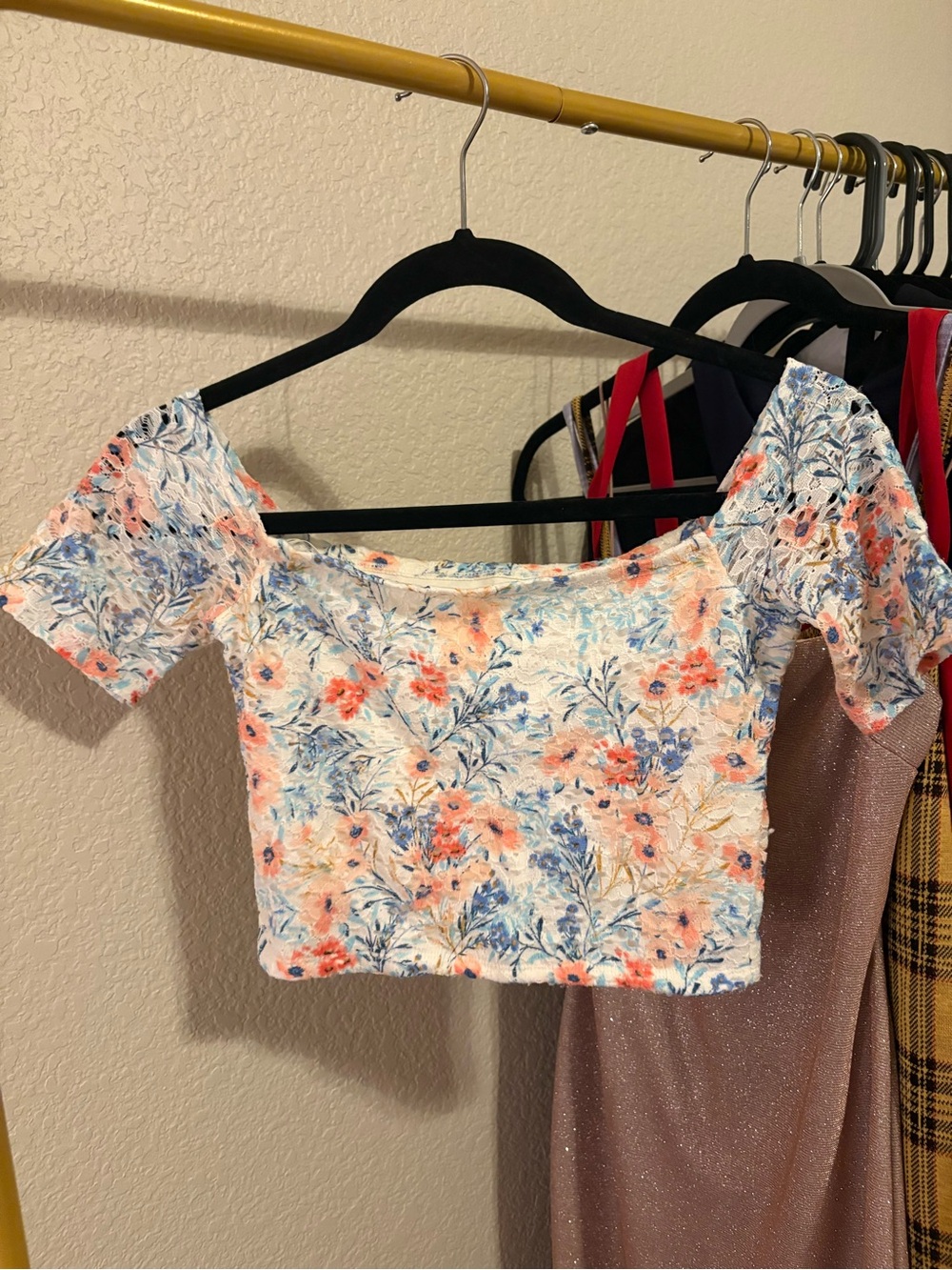 Hollister White Crop Top with Coral & Blue Floral Print
